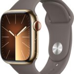 Apple Watch Series 9 [GPS + Cellular 41mm] Smartwatch with Gold Stainless steel Case with Clay Sport Band S/M. Fitness Tracker, ECG Apps, Always-On Retina Display