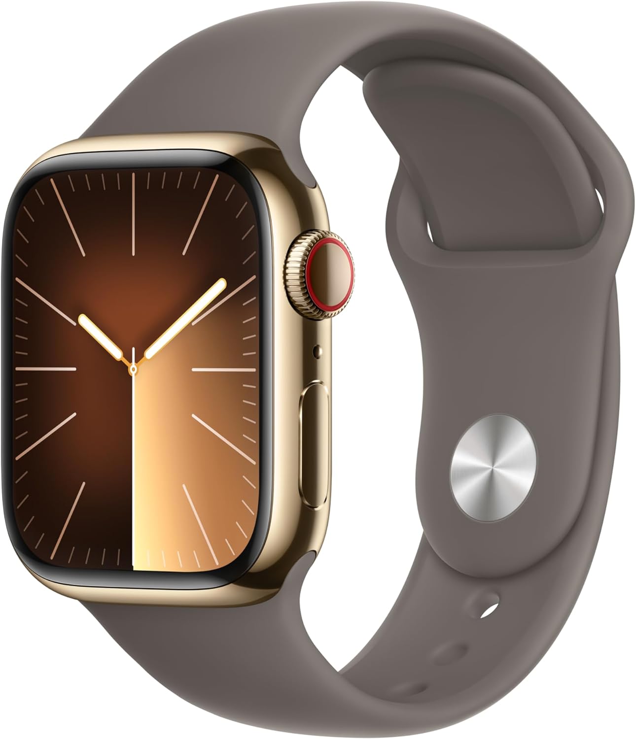 Apple Watch Series 9 [GPS + Cellular 41mm] Smartwatch with Gold Stainless steel Case with Clay Sport Band S/M. Fitness Tracker, ECG Apps, Always-On Retina Display