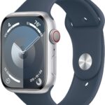 Apple Watch Series 9 [GPS + Cellular 45mm] Smartwatch with Silver Aluminum Case with Storm Blue Sport Band M/L. Fitness Tracker, ECG Apps, Always-On Retina Display