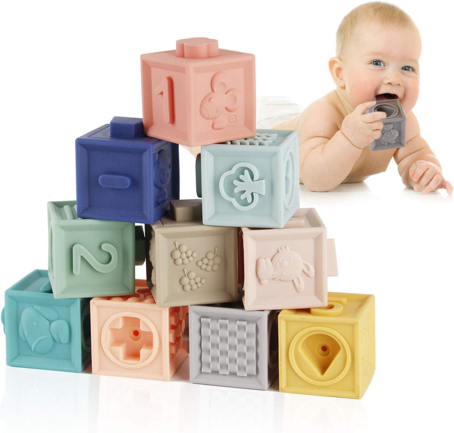 Mini Tudou Baby Blocks Soft Building Blocks Baby Toys Teethers Toy Educational Squeeze Play with Numbers Animals Shapes Textures 6 Months and Up 12PCS