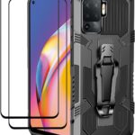 ZMONE Phone Case for Oppo Reno 5 Lite/Oppo A94 4G / Oppo F19 Pro Case with Tempered Glass Screen Protector [2 Pack] Military Grade Shockproof Protective Case Cover with Metal Back Belt Clip - Black