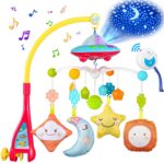VZO Baby Crib Mobile with Music and Lights, Mobile for Crib with Remote Control, Rotation, Starlight Projection, Crib Toys for Babies Boys Girls(Moon and Star)