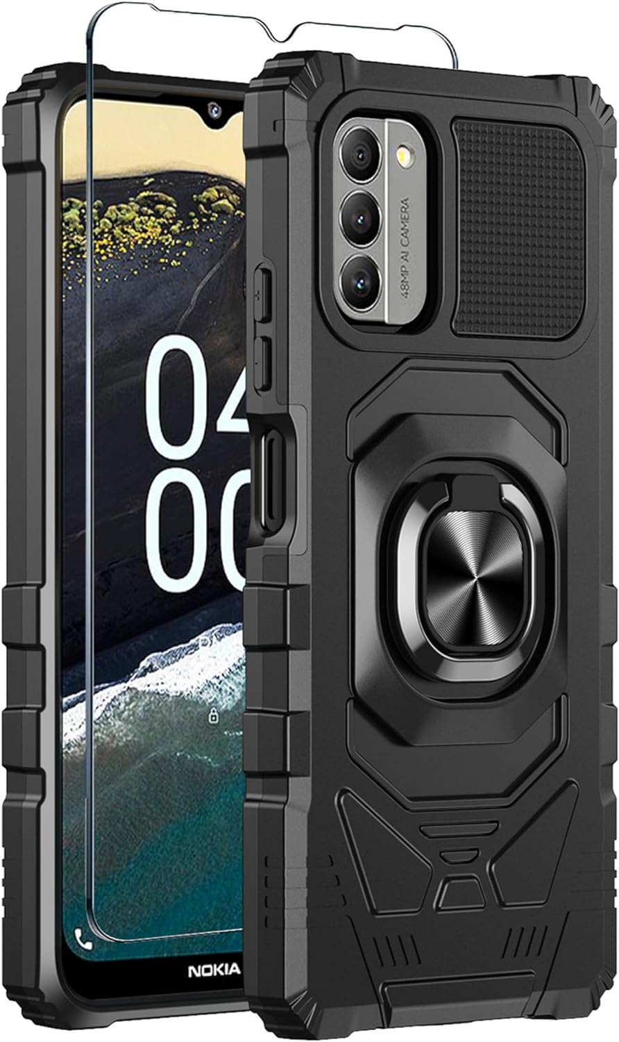 for Nokia G310 5G Case with Tempered Glass Screen Protector,Military Grade Heavy Duty Shockproof Protective Cover,with Ring Kickstand Full-Body Protective Case for Nokia G310 (Black)