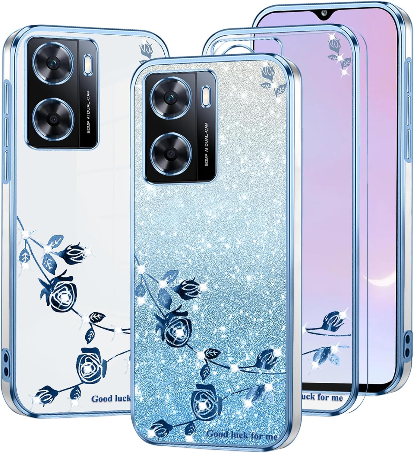 Kainevy Phone Case for Oppo A57 4G Case Clear Glitter Blue Floral for Women Girls Cute Pretty Bling Cover Oppo A57 Phone Case Silicone Shockproof Slim Diamond Sparkle Luxury (Blue)