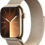 Apple Watch Series 9 [GPS + Cellular 45mm] Smartwatch with Gold Stainless steel Case with Gold Milanese Loop. Fitness Tracker, ECG Apps, Always-On Retina Display