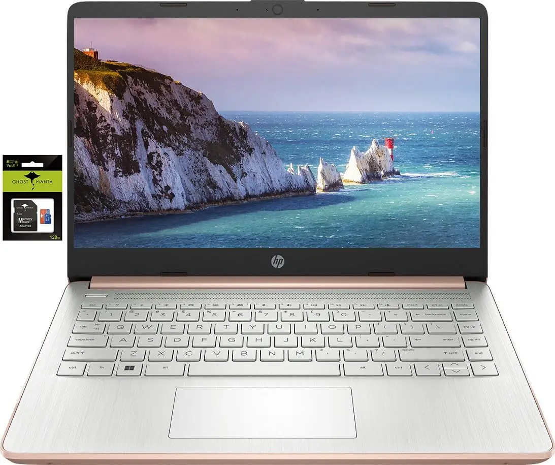 HP 14" Laptop Ultral Light for Students and Business, Quad-Core Intel Celeron Processor, 16GB RAM, 256GB Storage (128GB eMMC + 128GB Ghost Manta SD Card), HDMI, WiFi, USB-A&C, Win 11