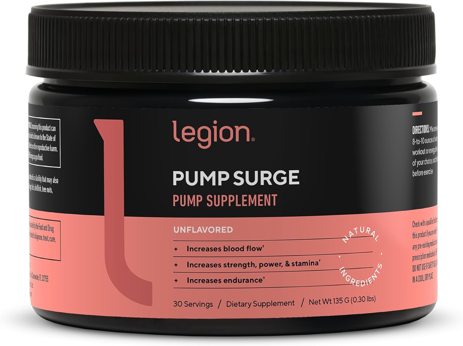 LEGION Pump Surge Booster - Arginine Supplement Boosts Nitric Oxide Production - Nitric Oxide Booster Helps Increase Strength & Stamina, Promotes Enhanced Muscular Efficiency (Unflavored, 30 Servings)