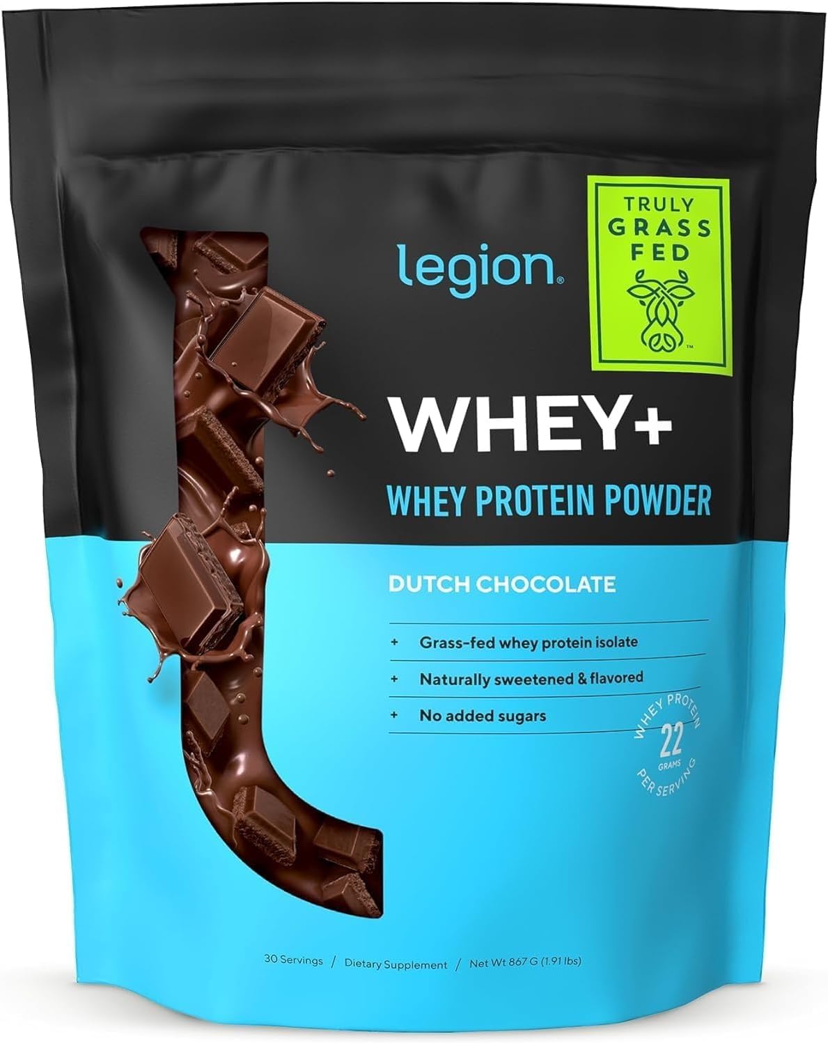 LEGION Whey+ Chocolate Whey Isolate Protein Powder from Grass Fed Cows - Non-GMO, Lactose Free, Sugar Free, Natural Whey Protein Isolate 30 Servings