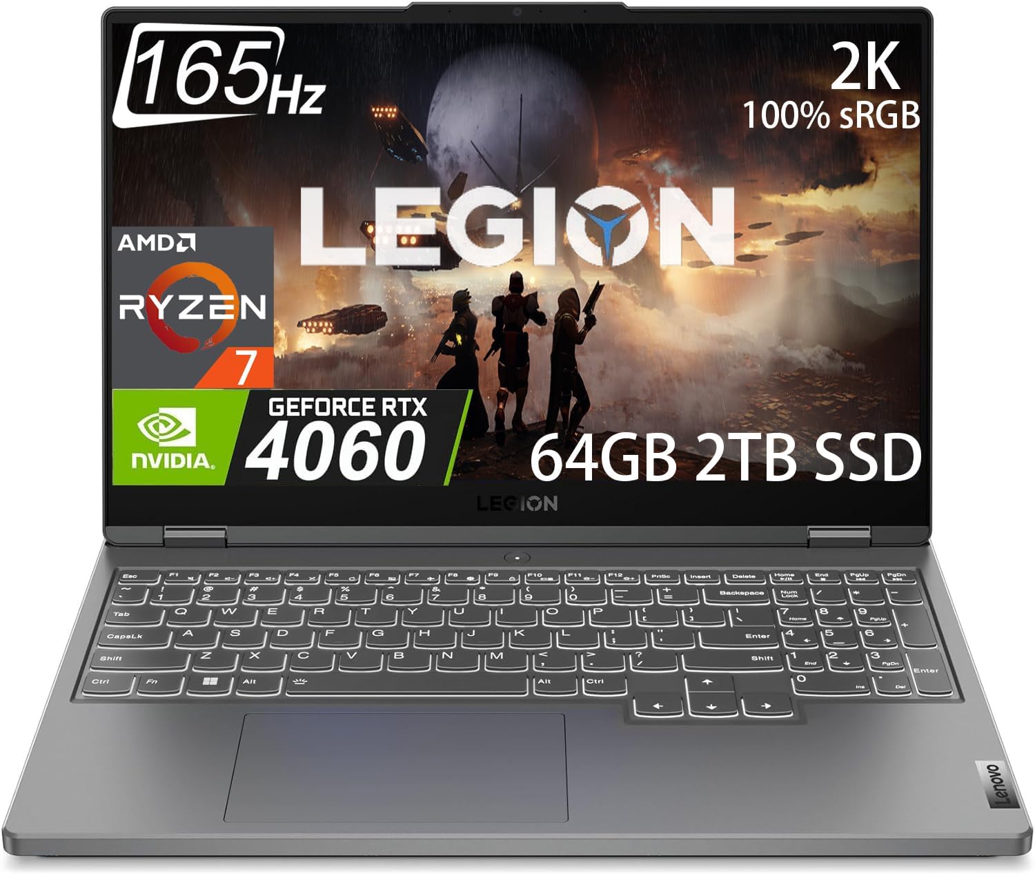 Lenovo Legion 5 Gaming Laptop (15.6" 2K 165Hz, AMD 8- Core Ryzen 7 7735HS (Beat i7-12700H), GeForce RTX 4060 8GB, 64GB DDR5 RAM, 2TB SSD) Backlit, Ethernet, Wi-Fi 6, Win 11 Home, 2024, Storm Grey