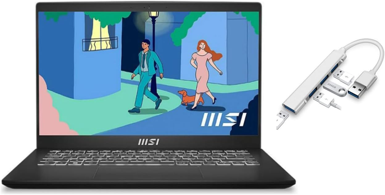 MSI Modern 14" FHD Laptop | Intel Core i5-1155G7 Processor | 16GB RAM | 512GB SSD | Intel Iris Xe Graphics | Backlit Keyboard | Windows 11 Home | Black | Bundle with USB 3.0 Hub