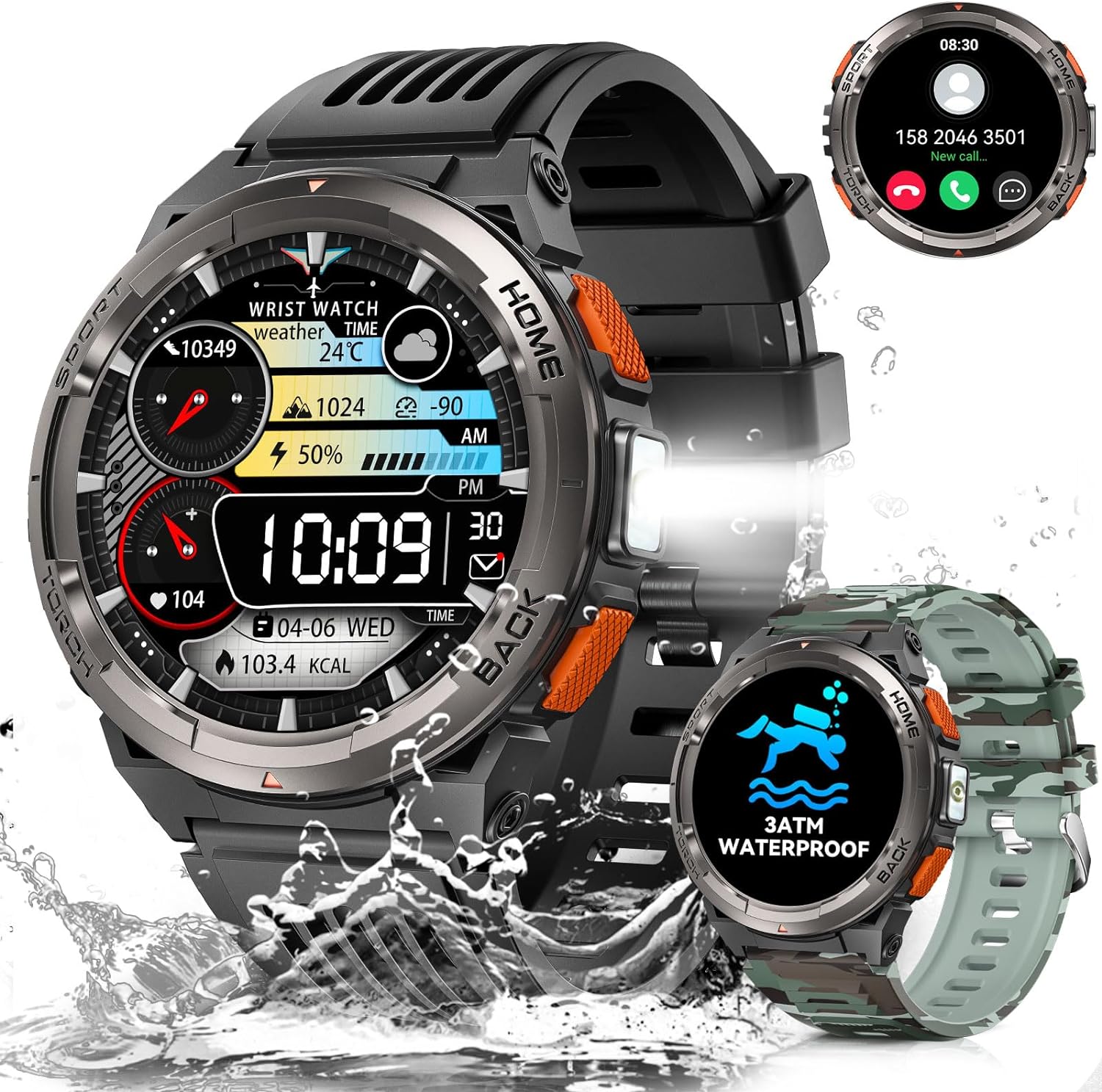 Military Smart Watch for Men 3ATM Waterproof with LED Flashlight 1.45" Rugged Tactical Smartwatch with Compass Elevation Barometer Sports Fitness Tracker with HR/SPO2/Sleep Monitor for iPhone Android