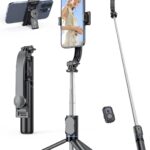 Selfie Stick Tripod with Detachable Phone Holder, 41.7" Extendable Phone Tripod with Remote, 360° Rotatable Tripod Stand for iPhone, Samsung, and Android Smartphones (Black)