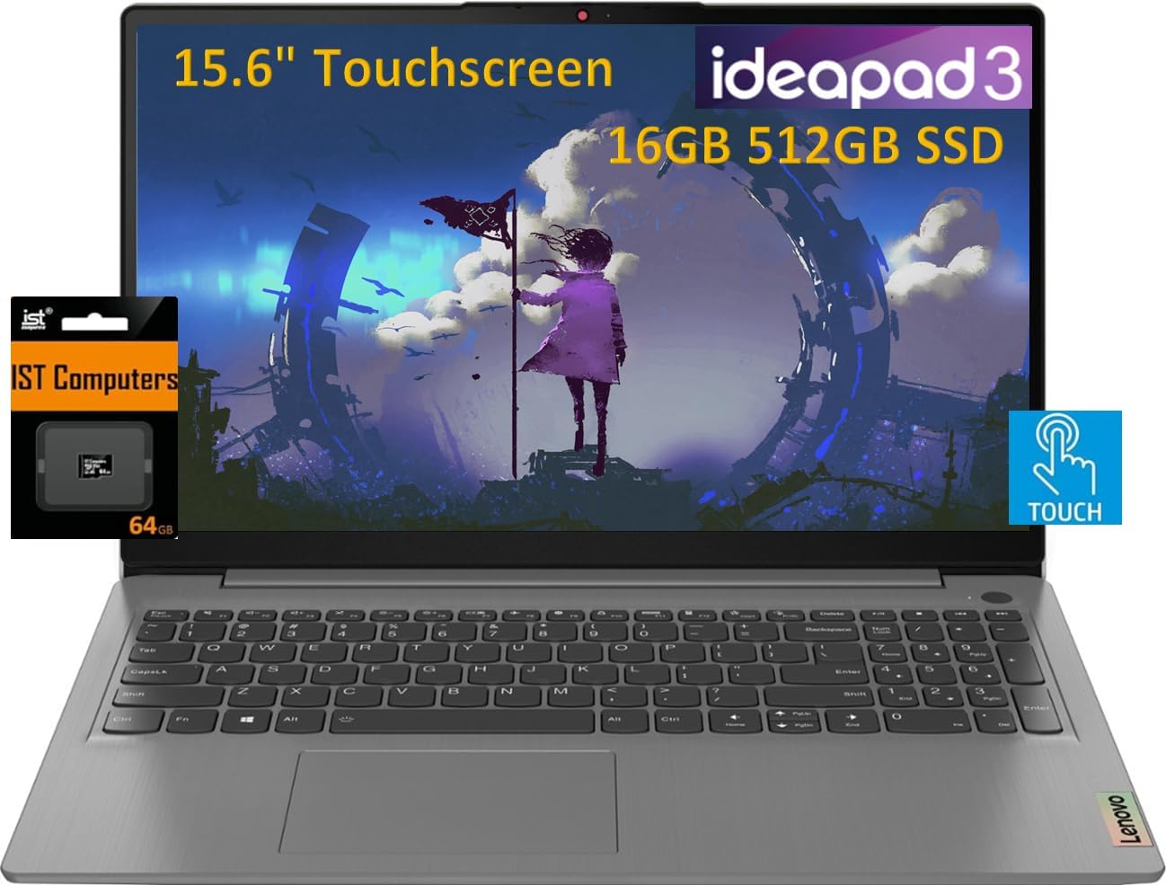 Lenovo IdeaPad 3 15.6" FHD Touchscreen Laptop (16GB RAM, 512GB SSD, Intel Core i3 (> i5-1035G7)) Narrow Bezel, Webcam, 12-Hr Long Battery Life, NumPad, IST SD, Win 11 Home, Home & School - Grey