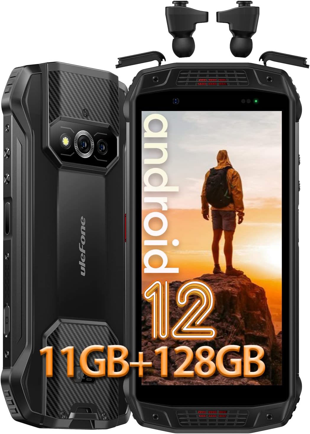 Ulefone Android 12 Armor 15 Rugged Phone Unlocked, IP68/IP69K, Built-in TWS Earbuds, 11GB+128GB, 4-Day Battery, 16MP+12MP+13MP Camera, Dual Loud Speakers Dual 4G, Octa-core, OTG, GPS, Black