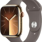 Apple Watch Series 9 [GPS + Cellular 45mm] Smartwatch with Gold Stainless steel Case with Clay Sport Band S/M. Fitness Tracker, ECG Apps, Always-On Retina Display