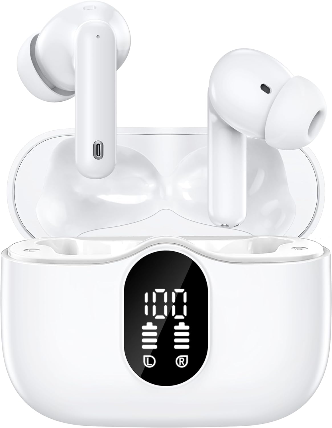 Earbuds Wireless Bluetooth 5.3 Headphones Ear Buds Active Noise Cancelling Earbuds Hi-Fi Stereo LED Power Display Earphones with Charging Case Ear Pods Buds for iPhone Android (White)