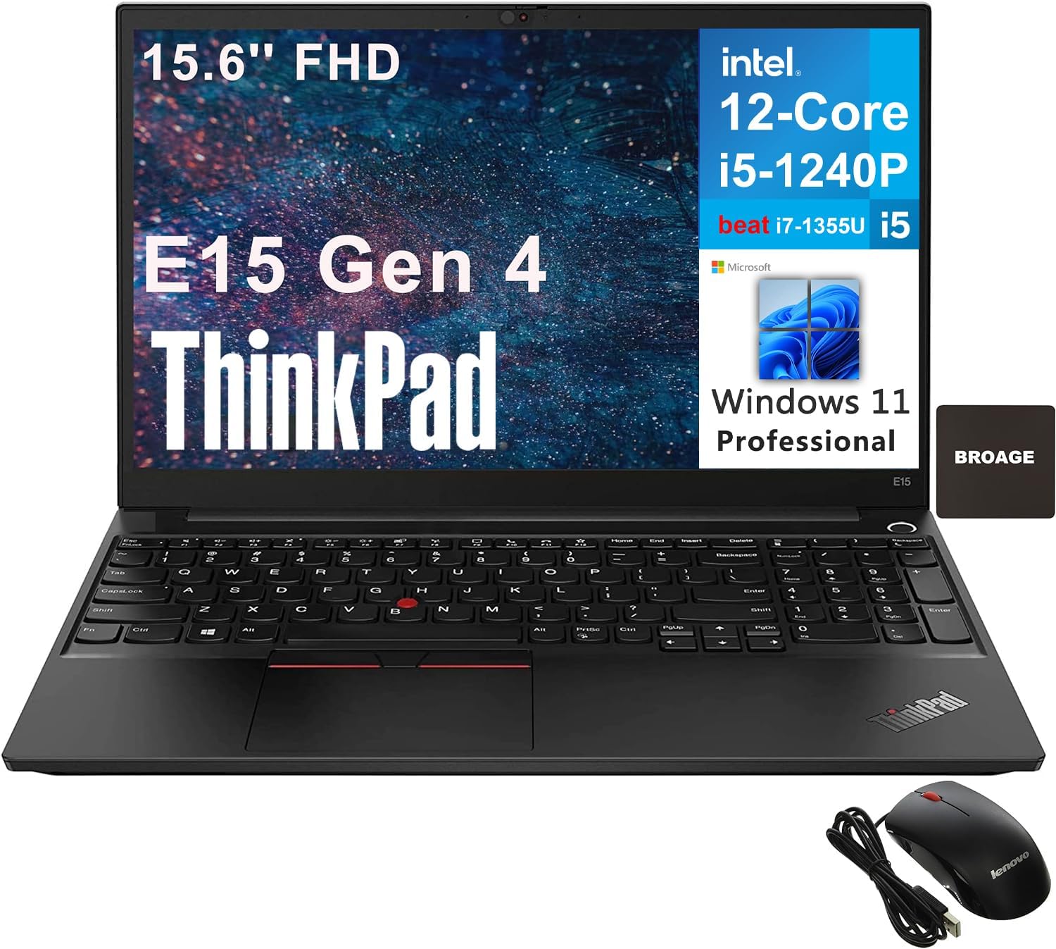 Lenovo ThinkPad E15 Gen 4 15.6" FHD Business Laptop Computer, 12th Gen Intel 12-Core i5-1240P (Beat i7-1355U), 16GB DDR4 RAM, 512GB PCIe SSD, WiFi 6, Bluetooth 5.1, Black, Windows 11 Pro, AZ-XUT