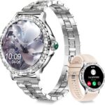 Smart Watch(Answer/Make Call) for Women with Diamonds, 1.3”Smartwatch for iPhone Android Compatible, IP68 Waterproof 100+Sports Modes Fitness Watches with Heart Rate/SpO2/Sleep Monitor/Blood(Sliver)